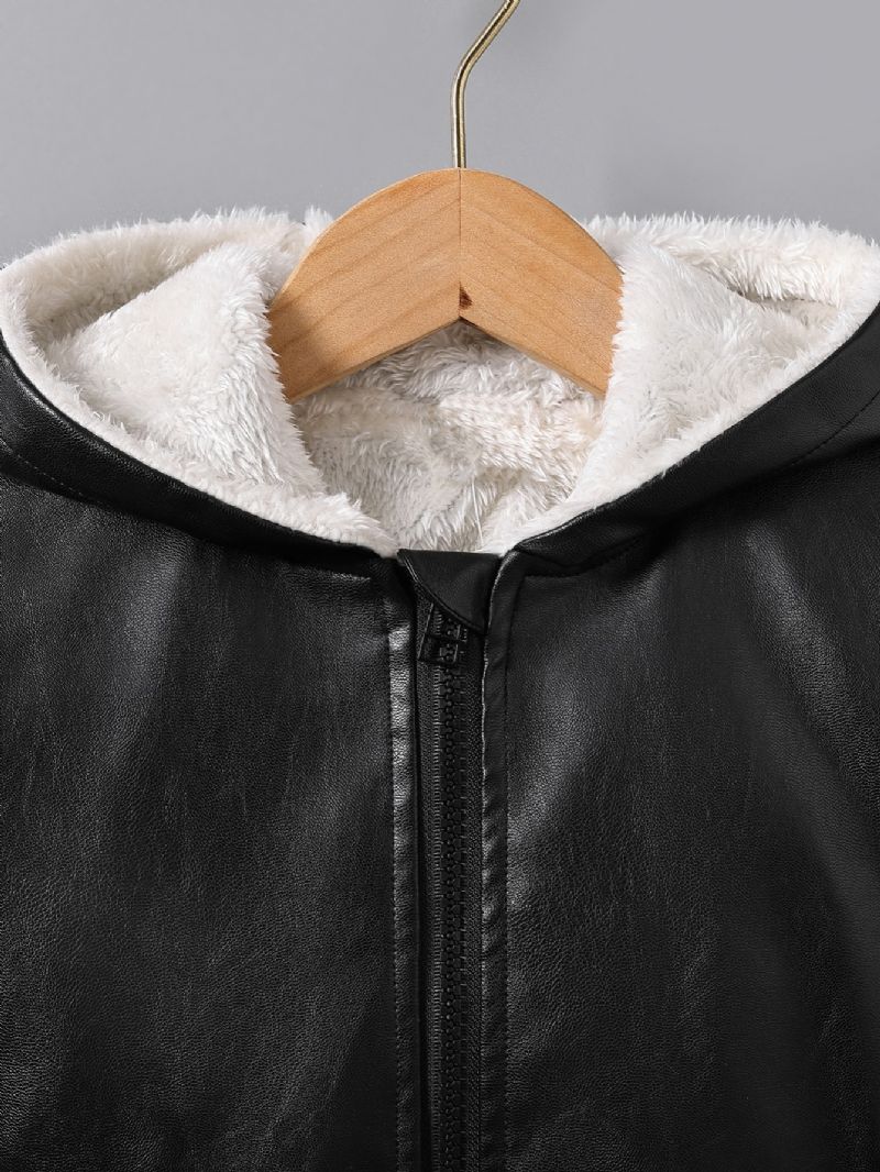 Pojkar Pu Läder Comfy Fleece Foder Dragkedja Jacka Höst & Vinter