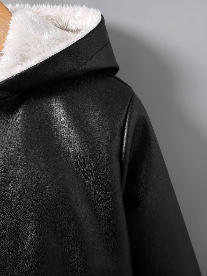 Pojkar Pu Läder Comfy Fleece Foder Dragkedja Jacka Höst & Vinter