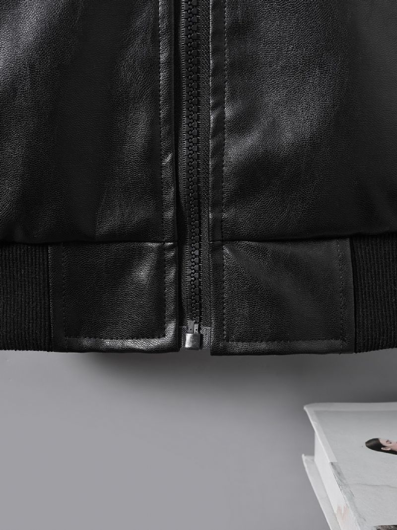 Pojkar Pu Läder Comfy Fleece Foder Dragkedja Jacka Höst & Vinter