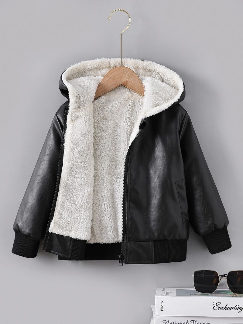 Pojkar Pu Läder Comfy Fleece Foder Dragkedja Jacka Höst & Vinter