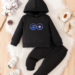 Toddler Bebis Go Print Fleece Varm Hoodie Sweatshirt Byxor Set För Pojkar Flickor Höst Vinter