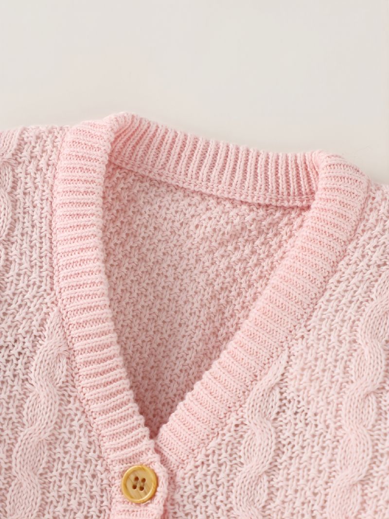 Barn Småbarn Bebis Flickor Solid Stripe Cable Stickad Cardigan Med V-ringad