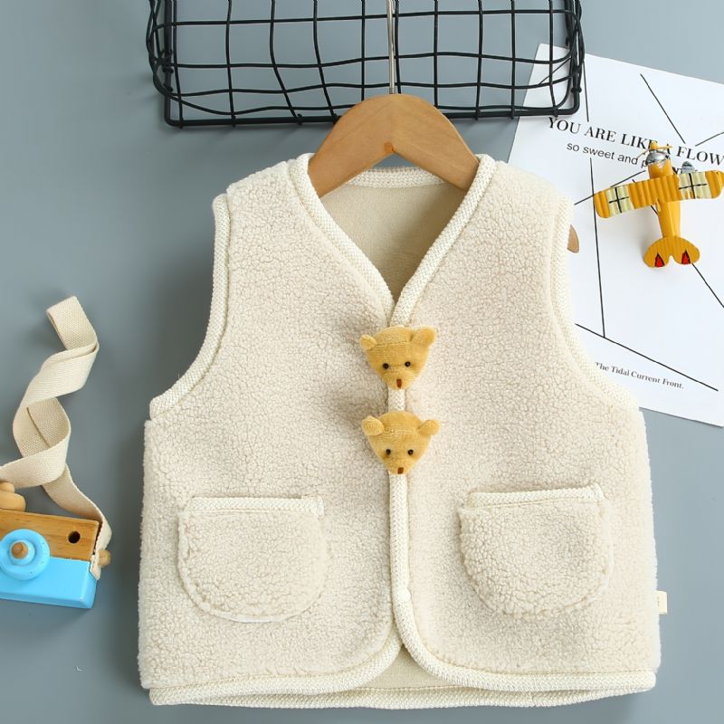 Bebis Flickor Pocket Fleece Varm Cardigan Väst Teddy Bear Dekor Barnkläder