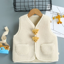 Bebis Flickor Pocket Fleece Varm Cardigan Väst Teddy Bear Dekor Barnkläder