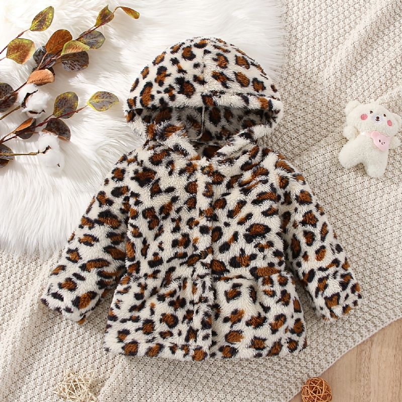 Flickor Casual Leopard Print Huvjacka Mjuk Fleece Termisk Cardigan Ytterkläder För Vintern