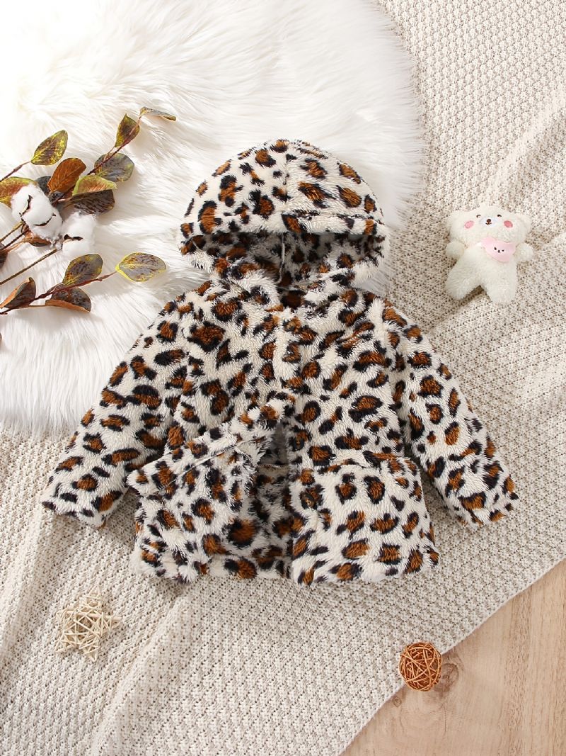 Flickor Casual Leopard Print Huvjacka Mjuk Fleece Termisk Cardigan Ytterkläder För Vintern