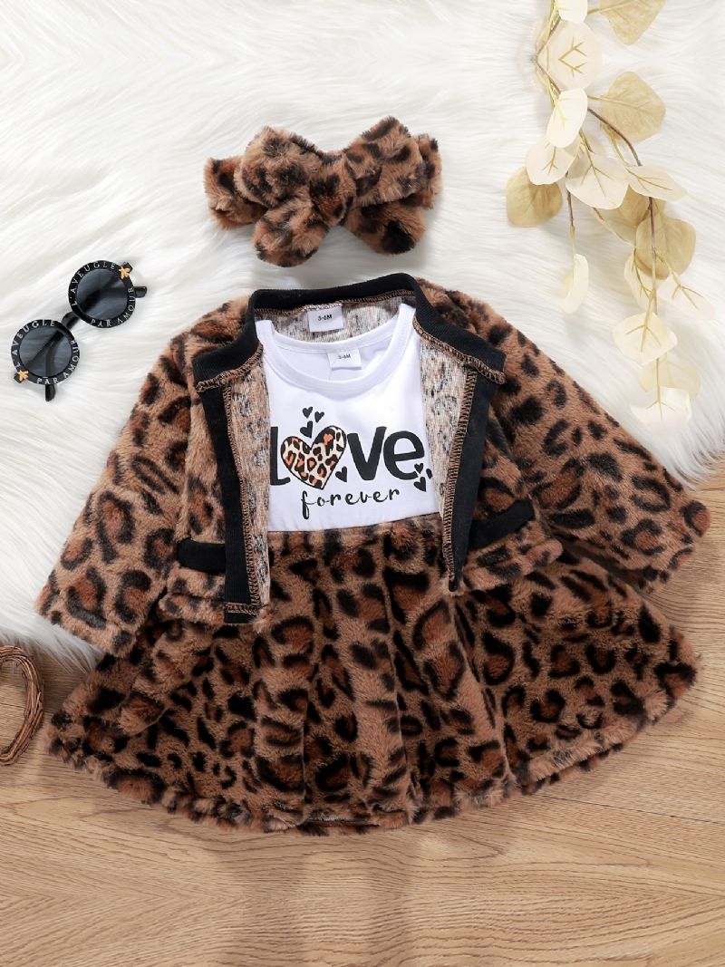 Klänning Med Leopardtryck För Flickor + Kofta + Pannbandskläder Bebiskläder För Barn