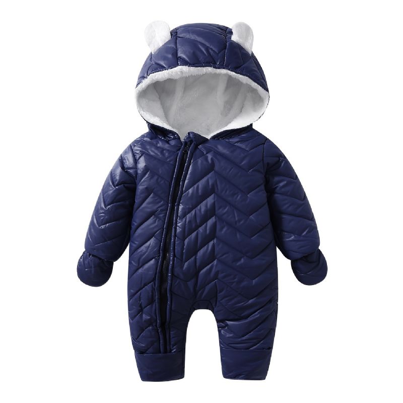 Spädbarn Solid Dragkedja Romper Långärmad Hooded Jumpsuit Med Handskar Plysch Varm Snödräkt Vinter För Bebis Pojkar Flickor Barnkläder