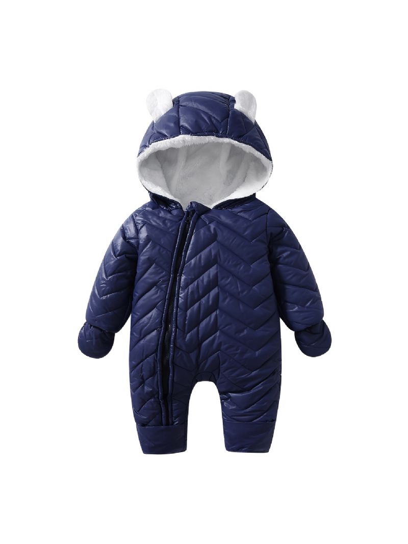 Spädbarn Solid Dragkedja Romper Långärmad Hooded Jumpsuit Med Handskar Plysch Varm Snödräkt Vinter För Bebis Pojkar Flickor Barnkläder