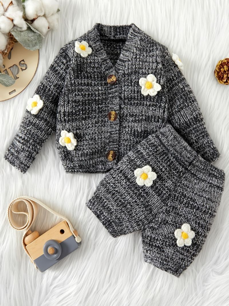 Unisex Bebis Blommig Design Stickad Tröja Cardigan + Matchande Byxa Set Bebiskläder För Vintern