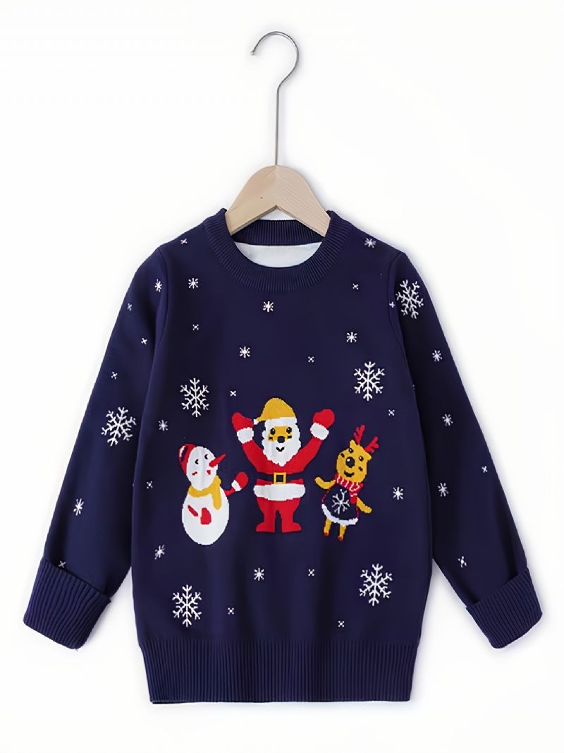 1st Flickor Casual Santa Claus Print Pullover Stickad Tröja Rundhals Långa Ärmar Termisk För Vinter Julfest