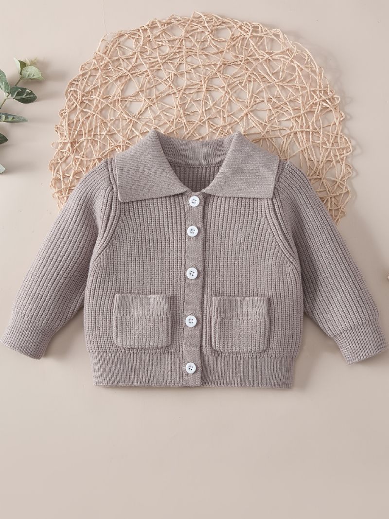 Bebis Flickor Enfärgad Tröja Lapel Button Ficka Stickad Cardigan Småbarnskläder