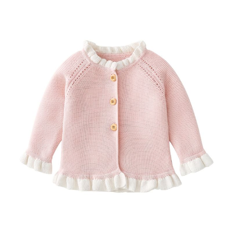 Bebis Flickor Rosa Volang Stickad Cardigan Långärmad Rundringad Tröja Småbarnskläder