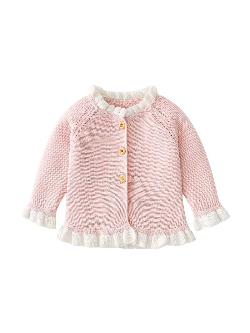 Bebis Flickor Rosa Volang Stickad Cardigan Långärmad Rundringad Tröja Småbarnskläder