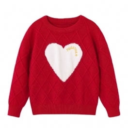 Bebiströja Långärmad Hjärta Brev Broderad Rund Hals Stickad Pullover Varm Vinter För Flickor Barnkläder