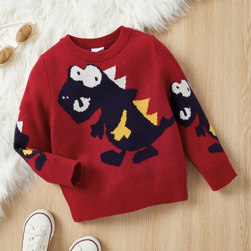 Bebiströja Rundhalsad Långärmad Dinosauriemönster Stickad Pullover För Pojkar Flickor Barnkläder