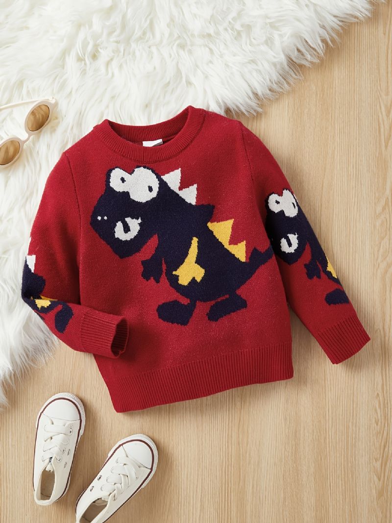 Bebiströja Rundhalsad Långärmad Dinosauriemönster Stickad Pullover För Pojkar Flickor Barnkläder