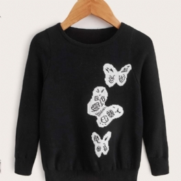 Flickor Casual Stickad Crew Neck Pullover Tröja Med Butterfly Print For Winter Black