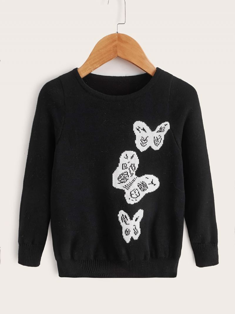 Flickor Casual Stickad Crew Neck Pullover Tröja Med Butterfly Print For Winter Black