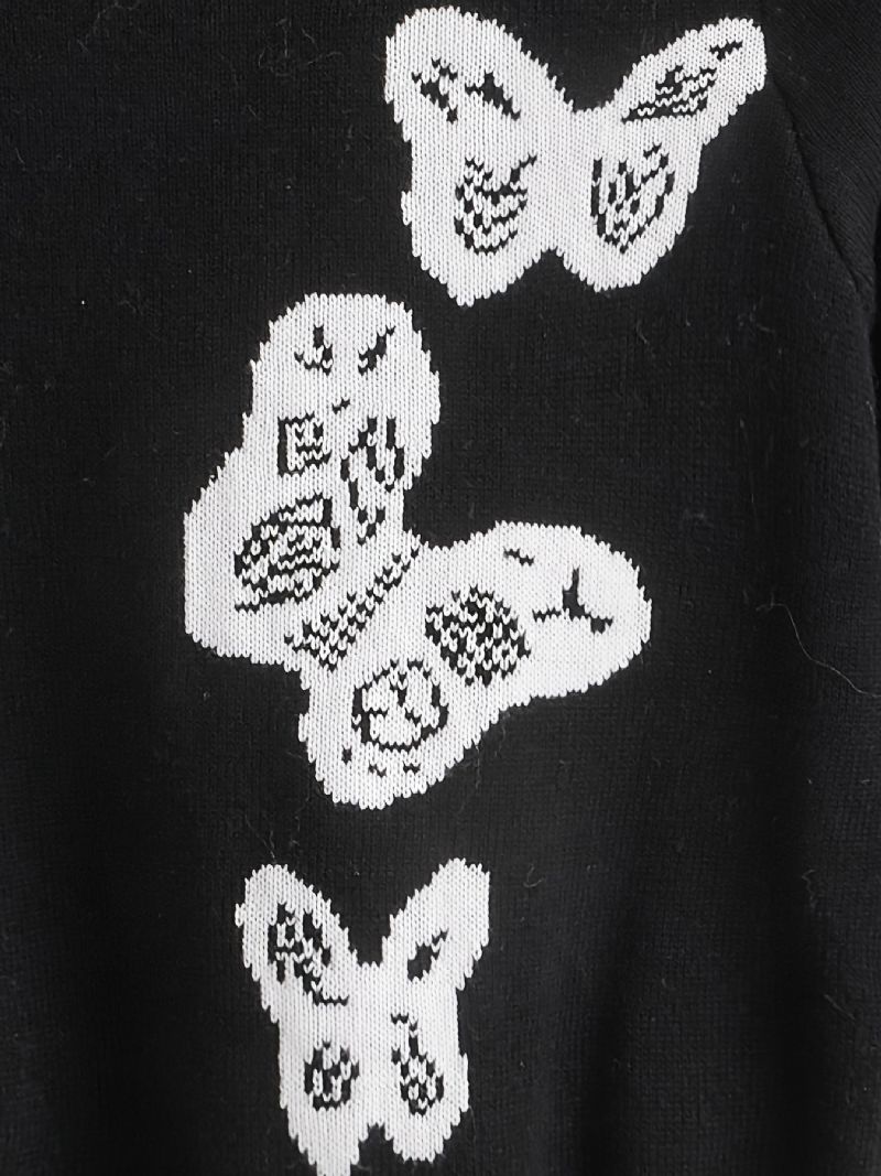 Flickor Casual Stickad Crew Neck Pullover Tröja Med Butterfly Print For Winter Black