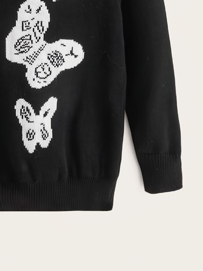 Flickor Casual Stickad Crew Neck Pullover Tröja Med Butterfly Print For Winter Black