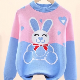 Flickor Color Block Sweater Kaninmönster Rund Hals Stickad Pullover