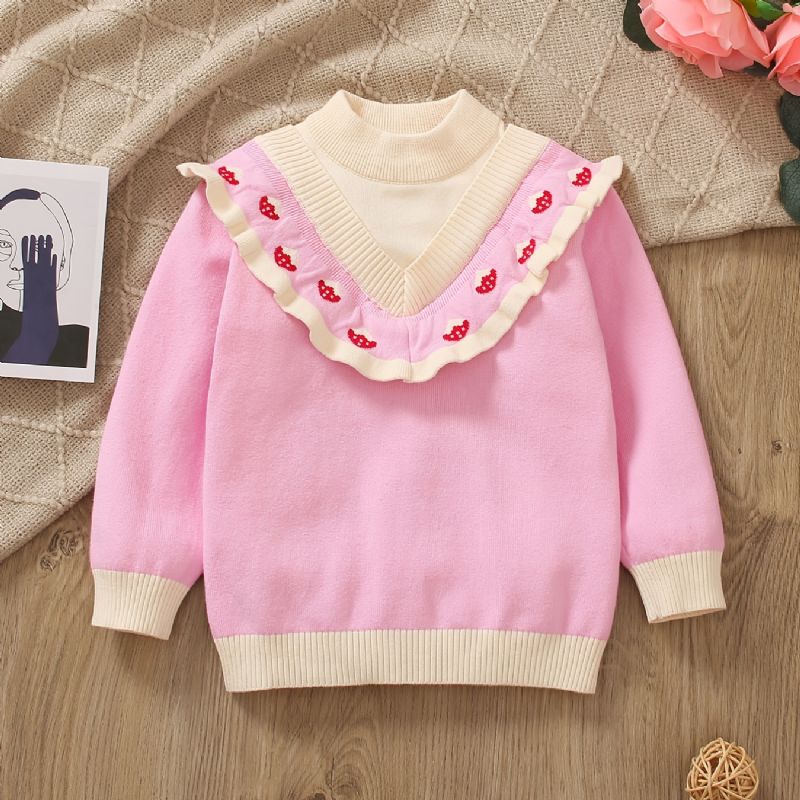 Flickor Ruffle Design Color Block Strawberry Stickad Pullover Sweater Barnkläder För Vintern