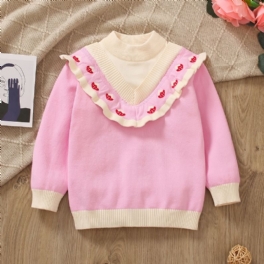 Flickor Ruffle Design Color Block Strawberry Stickad Pullover Sweater Barnkläder För Vintern