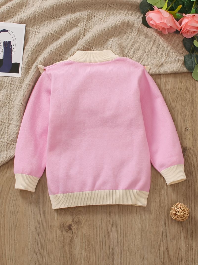 Flickor Ruffle Design Color Block Strawberry Stickad Pullover Sweater Barnkläder För Vintern