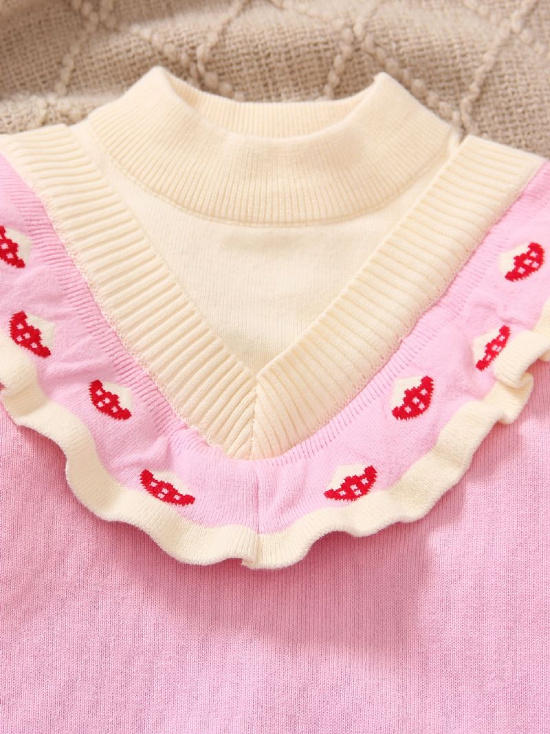 Flickor Ruffle Design Color Block Strawberry Stickad Pullover Sweater Barnkläder För Vintern