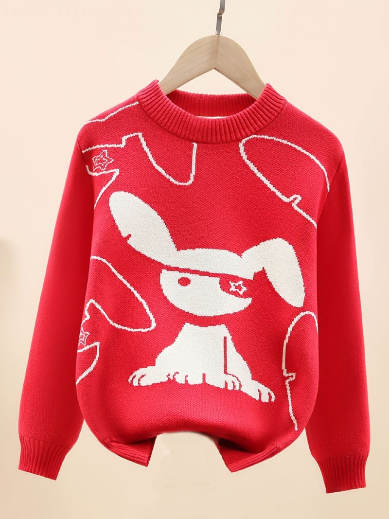 Julkläder För Tjejer Tröja Kanintryck Rundhalsad Långärmad Stickad Pullover Barnkläder