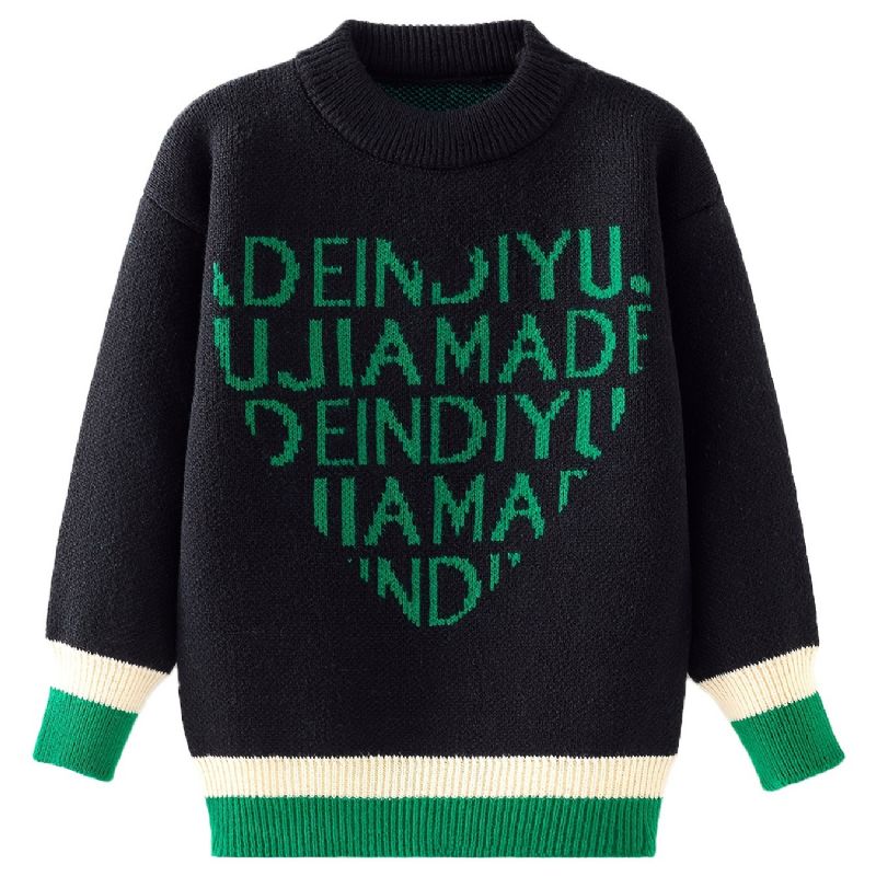 Pojkar Casual Brev Hjärttryck Stickad Tröja Långärmad Stativ Krage Thermal Tops För Vinter