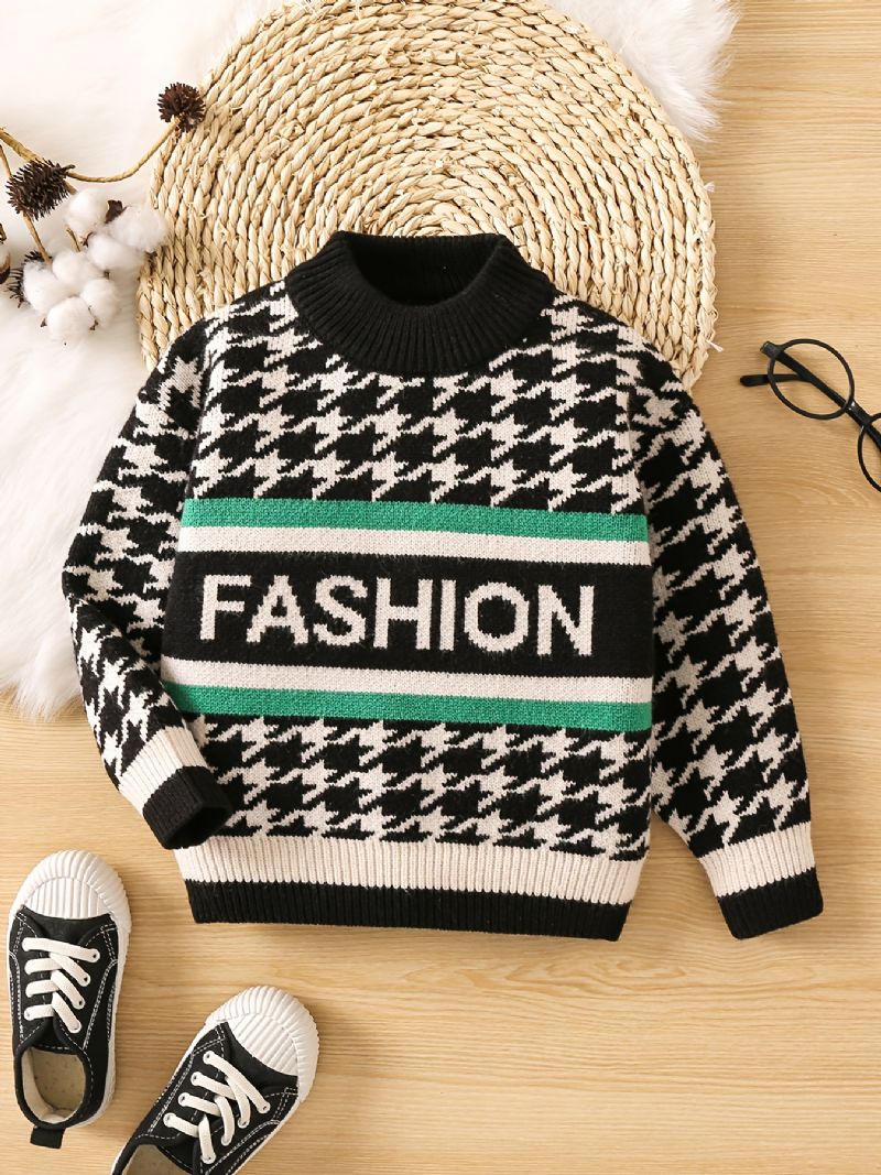 Pojkar Houndstooth Tröja Letter Rund Hals Stickad Casual Pullover