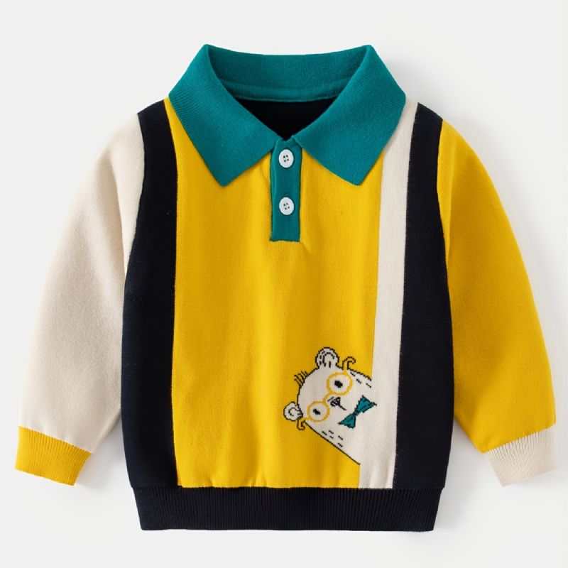 Pojktröja Tecknat Mönster Lapel Långärmad Colorblock Pullover