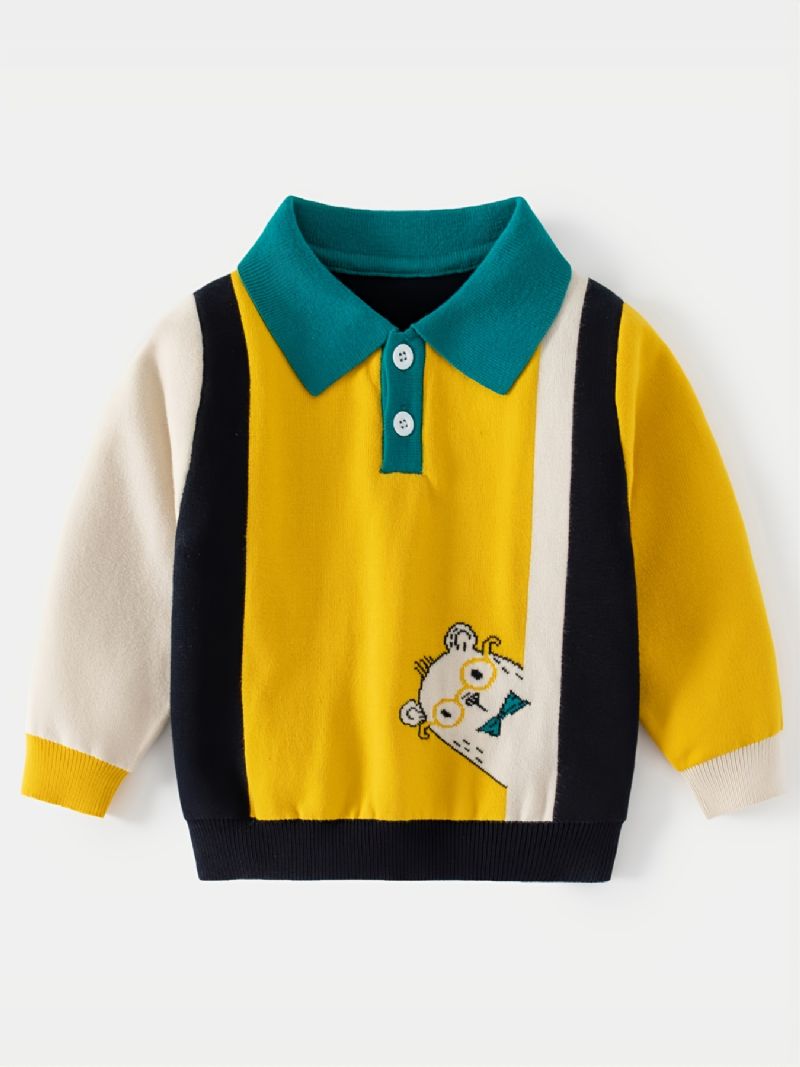 Pojktröja Tecknat Mönster Lapel Långärmad Colorblock Pullover