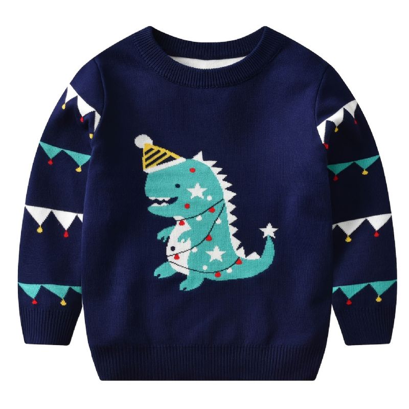 Småbarn Bebis Pojkar Flickor Jul Cartoon Dinosaur Print Crew Neck Stickad Tröja