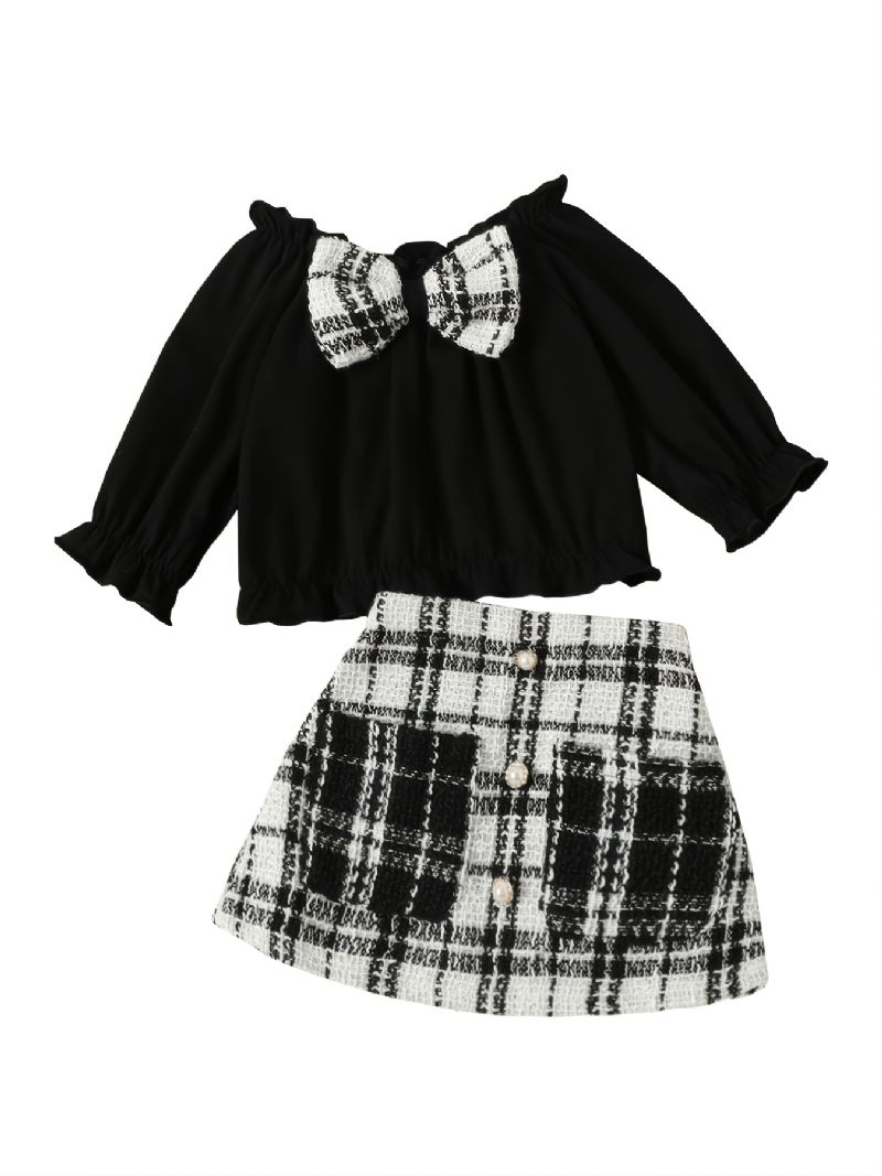 2 St Bebis Flickor Rosett Dekor Off Shoulder Långärmad Volanger Top & Rutiga Kjol Set
