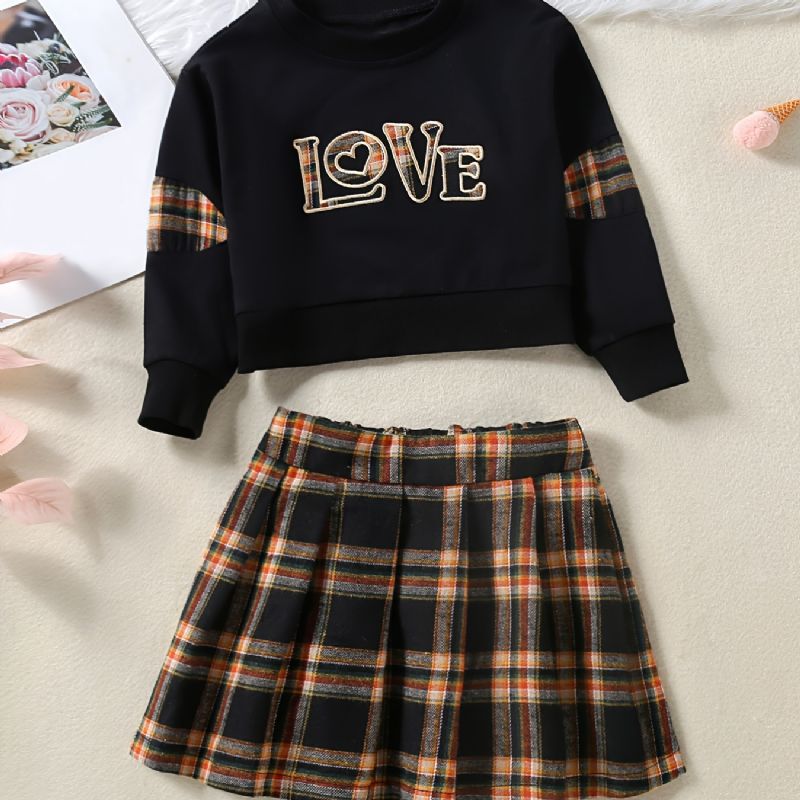 2st Bebis Flickor Letter Patchwork Pullover Långärmad Sweatshirt & Rutig Kjol Barnkläder