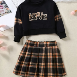 2st Bebis Flickor Letter Patchwork Pullover Långärmad Sweatshirt & Rutig Kjol Barnkläder