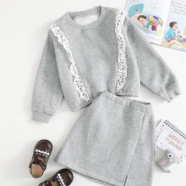 2st Bebis Flickor Spetströja Rundhalsad Långärmad Fleece Varm Sweatshirt & Kjol Set