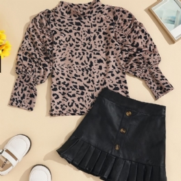 2st Flickor Elegant Leopard Print Puff Sleeve Top Svart Knapp Dekor Kjol Set Kläder