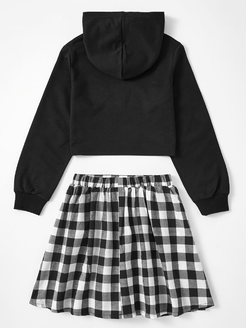 2st Flickor Söt Casual Elegant Rutig Kjol Set Med Körsbärstryck Huvtröja & Veckad För Vintern