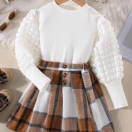 Bebis Barn Flickor Puff Sleeve Top + Rutig Plisserad Kjol Kläder Outfit