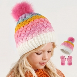 2st Småbarn Flickor Vintermössa Handskar Set Stickad Beanie Plysch Förtjockad Varm Keps Med Söt Pom Pom