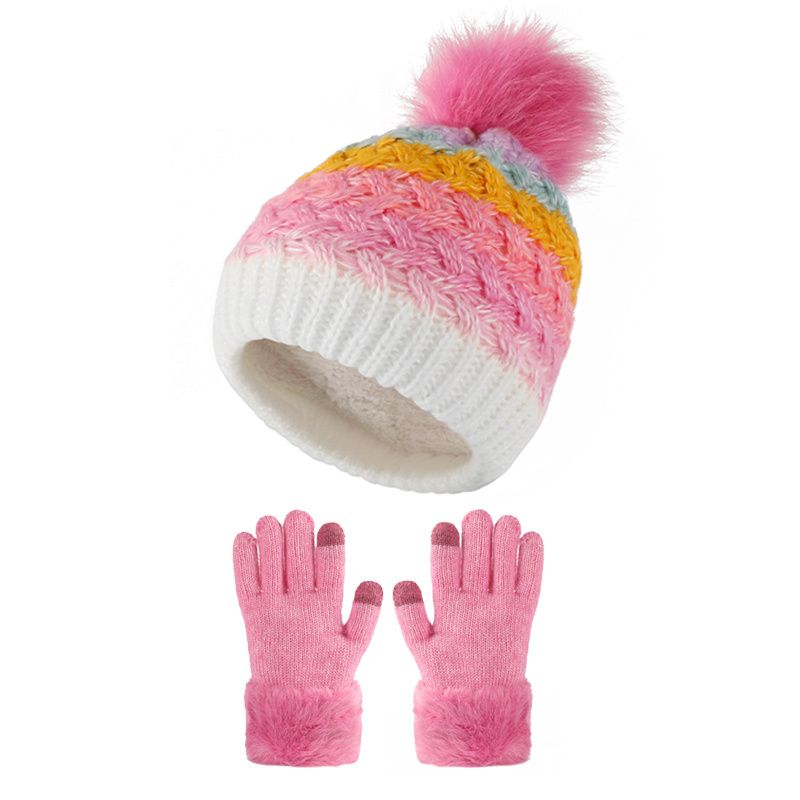 2st Småbarn Flickor Vintermössa Handskar Set Stickad Beanie Plysch Förtjockad Varm Keps Med Söt Pom Pom