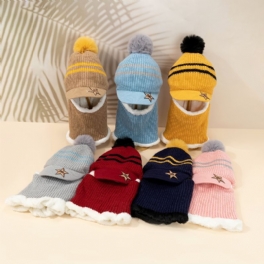 Barn Fleece Varm Stickad Keps Hals Ansiktsskydd Bebis Hatt Med Pom Pom Vinter För Pojkar Flickor