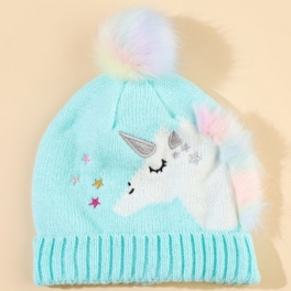 Barn Flickor Varm Keps Unicorn Stickad Mössa Med Pom Pom Winter