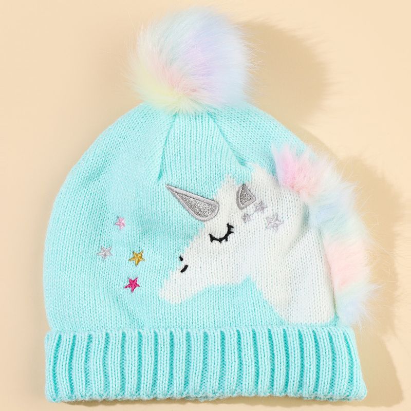 Barn Flickor Varm Keps Unicorn Stickad Mössa Med Pom Pom Winter