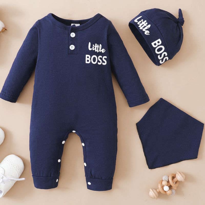 Bebis Pojkar Little Boss Långärmad Jumpsuit Haklapp & Hatt Set