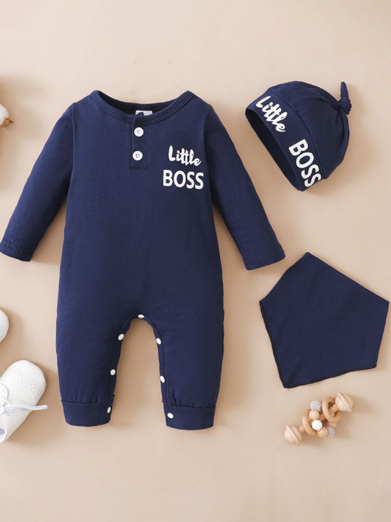 Bebis Pojkar Little Boss Långärmad Jumpsuit Haklapp & Hatt Set